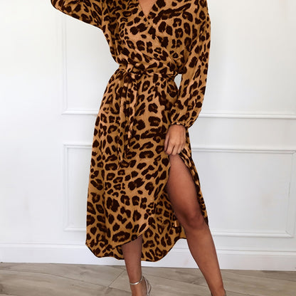 Sixsr Leopard Print V Neck Long Sleeve Dress, Mature Irregular Split High Waist Maxi Dress, Women's Clothing