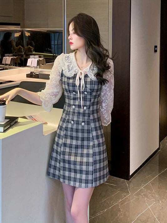 Sixsr Plaid Print Contrast Lace Dress, Elegant Bodycon Tie Front A Line Dress, Women's Clothing