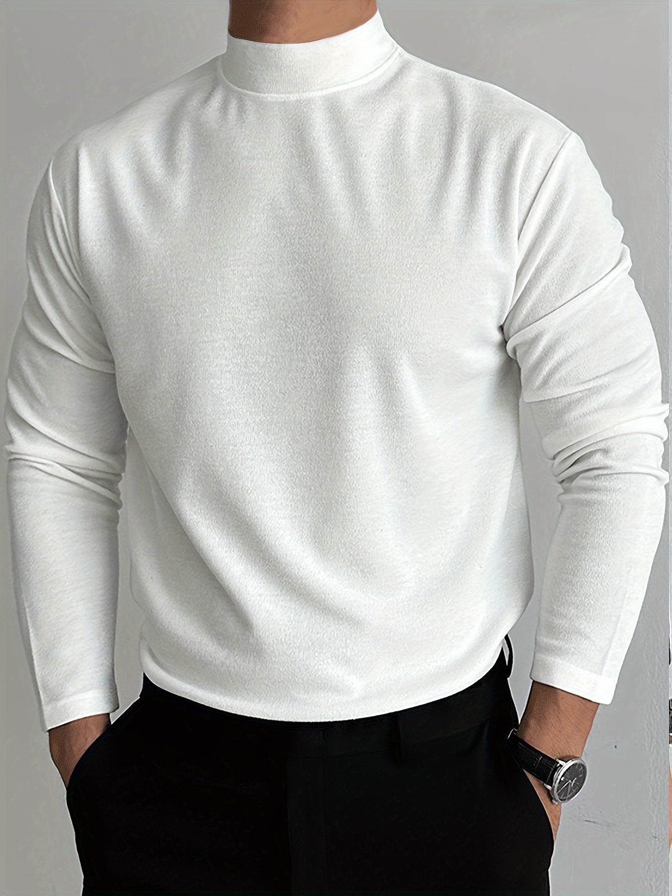 Sixsr Solid Comfy Men's Slim Fit Knitted Long Sleeve Turtleneck Bottoming Shirt, Men's Fleece Warm Top, Fall Winter