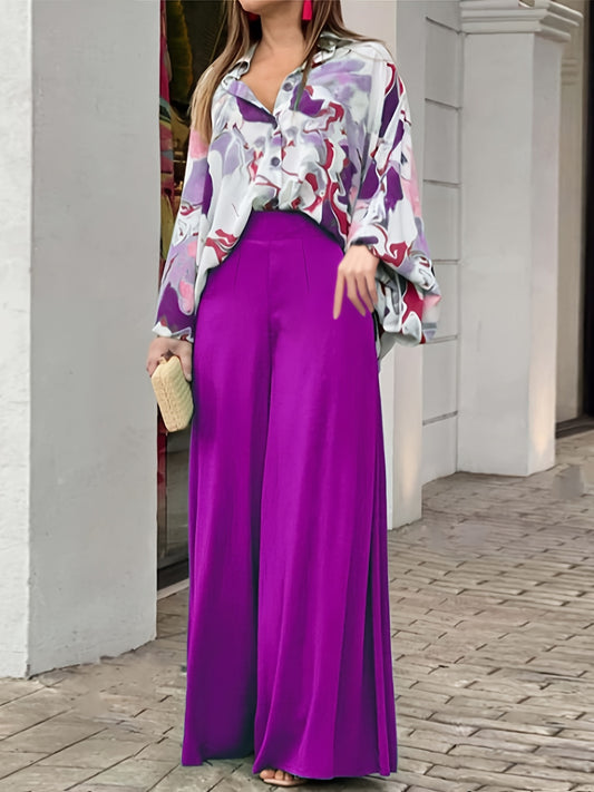 two-piece Elegant Graphic Print Batwing Sleeve Shirt and Wide Leg Pants Set for Women - Stylish and Comfortable Outfit