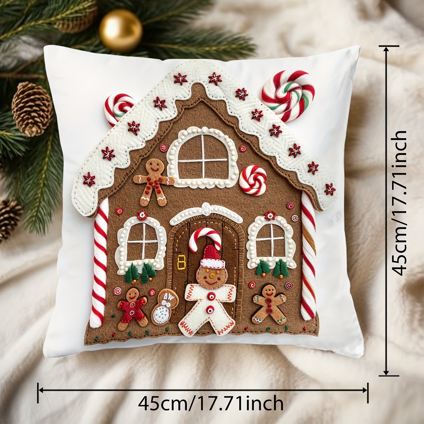 Festive 17.7" x 17.7" Christmas Gingerbread House Pillow Cover - Soft, Breathable, Machine-Washable, and Durable for Sofa, Living Room, Bedroom Home Decoration - Perfect for Holiday Season, No Pillow Insert Included