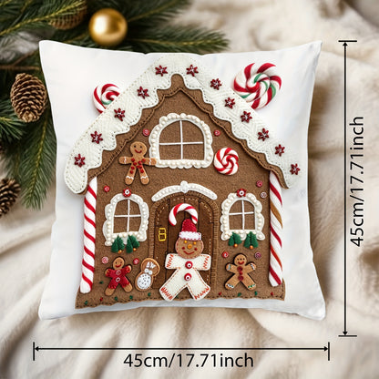 Festive 17.7" x 17.7" Christmas Gingerbread House Pillow Cover - Soft, Breathable, Machine-Washable, and Durable for Sofa, Living Room, Bedroom Home Decoration - Perfect for Holiday Season, No Pillow Insert Included