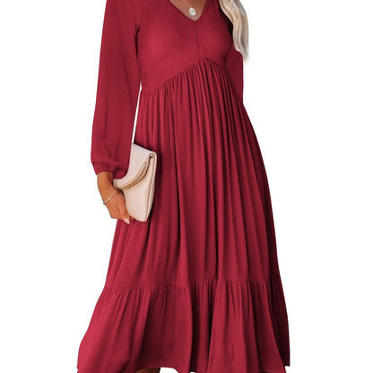 Sixsr Casual Solid Draped Midi Dress, Sexy Long Sleeve V-neck Loose Flowy Swing Babydoll Dresses, Women's Clothing