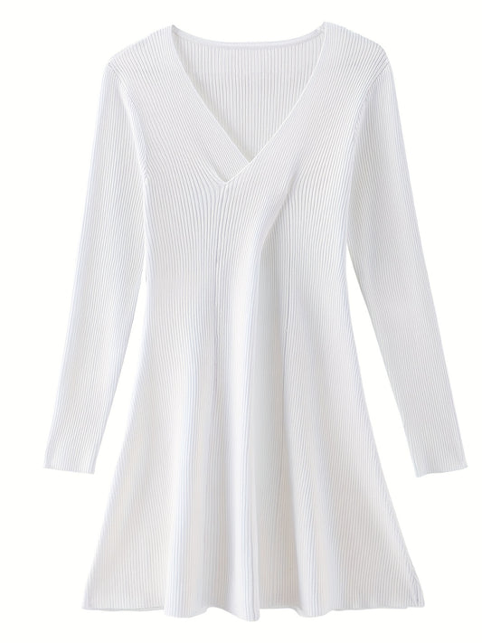 Sixsr Ribbed Flared Dress, Sexy Solid V Neck Long Sleeve Dress, Women's Clothing