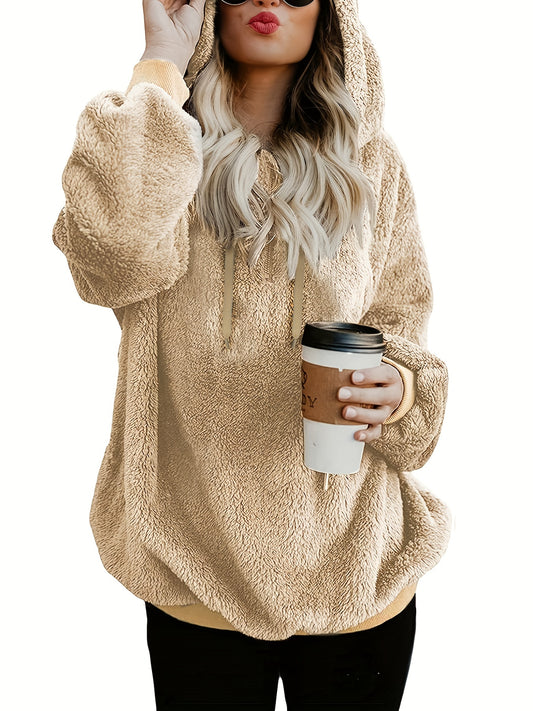 Sixsr Plus Size Casual Sweatshirt, Women's Plus Half Zipper Fleece Long Sleeve Slight Stretch Drawstring Fuzzy Hoodie