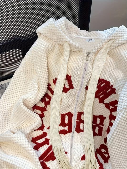 Sixsr Slogan Print Zip-up Textured Hoodie, Casual Long Sleeve Drawstring Hoodie Outerwear, Women's Clothing