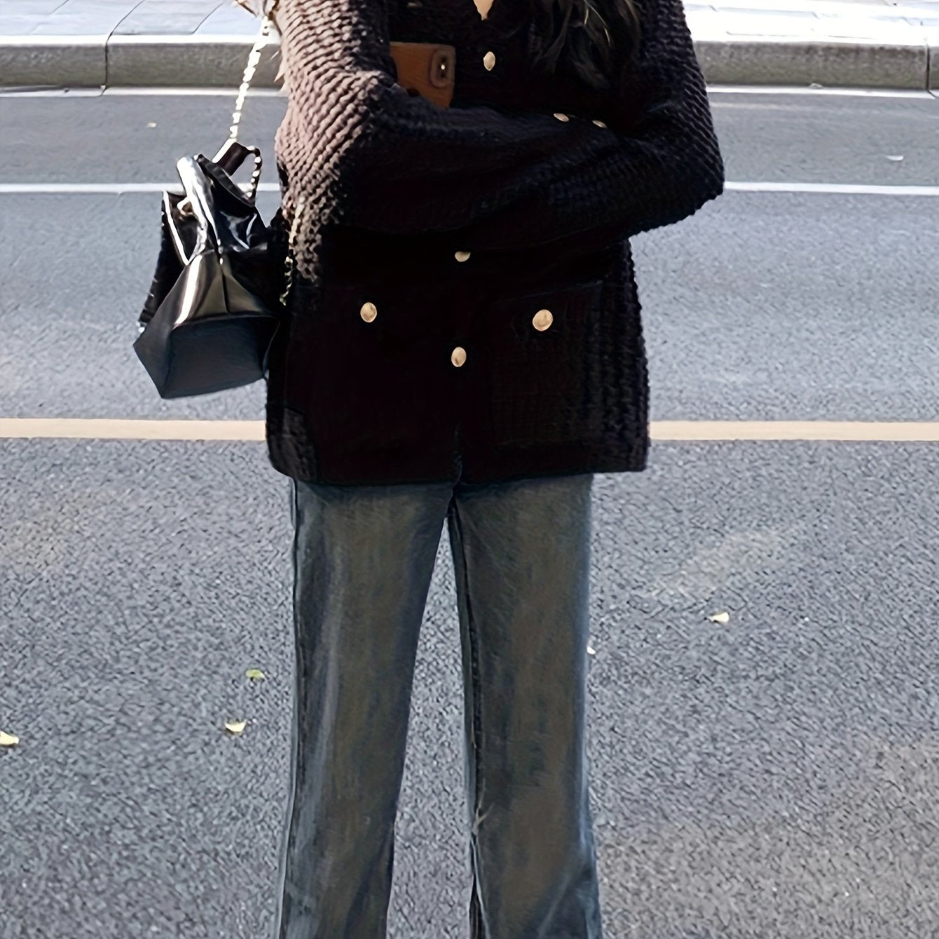 Sixsr Solid Button Down Chunky Knit Cardigan, Vintage Long Sleeve Sweater Coat With Pocket, Women's Clothing