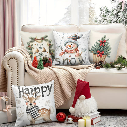 4pcs Festive Christmas Throw Pillow Covers, Contemporary Style, Snowman & Reindeer Print, 100% Polyester, Zipper Closure, Machine Washable, Decorative Cushion Cases for Living Room (No Insert)