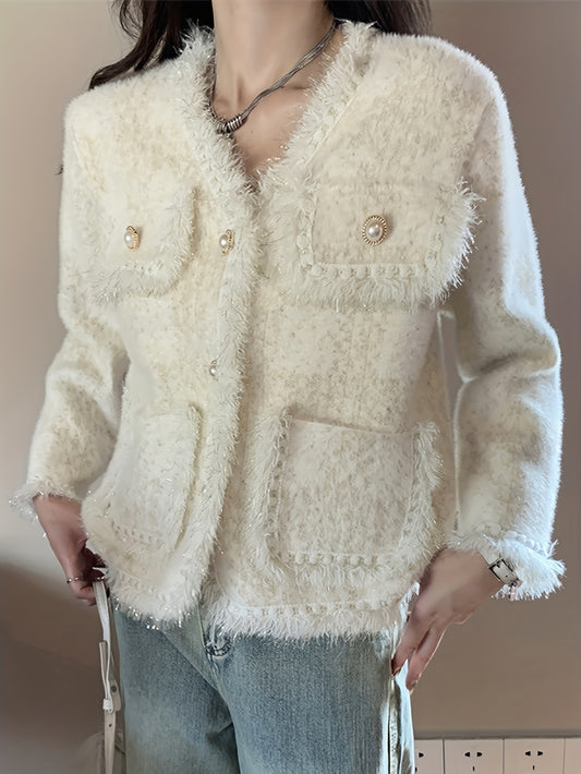 Sixsr Dual Pockets Button Front Cardigan, Elegant Long Sleeve Cardigan For Fall & Winter, Women's Clothing