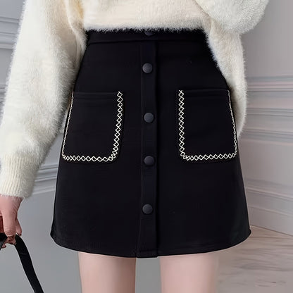 Sixsr Button Decor High Waist Skirt, Chic Dual Pockets A-line Skirt, Women's Clothing
