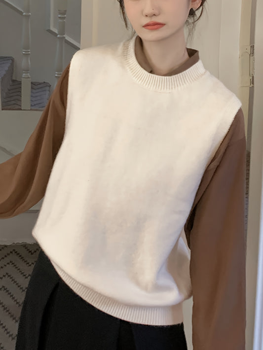 Sixsr Solid Crew Neck Knitted Vest, Casual Sleeveless Versatile Sweater, Women's Clothing