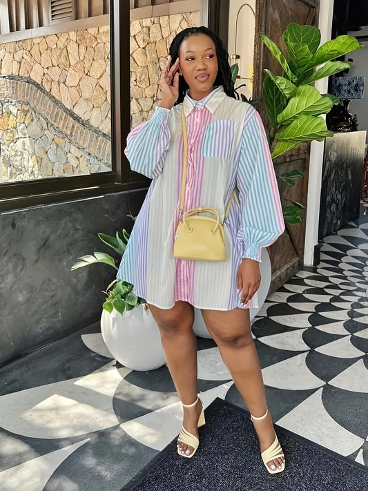 Sixsr Colorblock Stripe Print Collared Blouse, Casual Long Sleeve Blouse For Spring & Fall, Women's Clothing