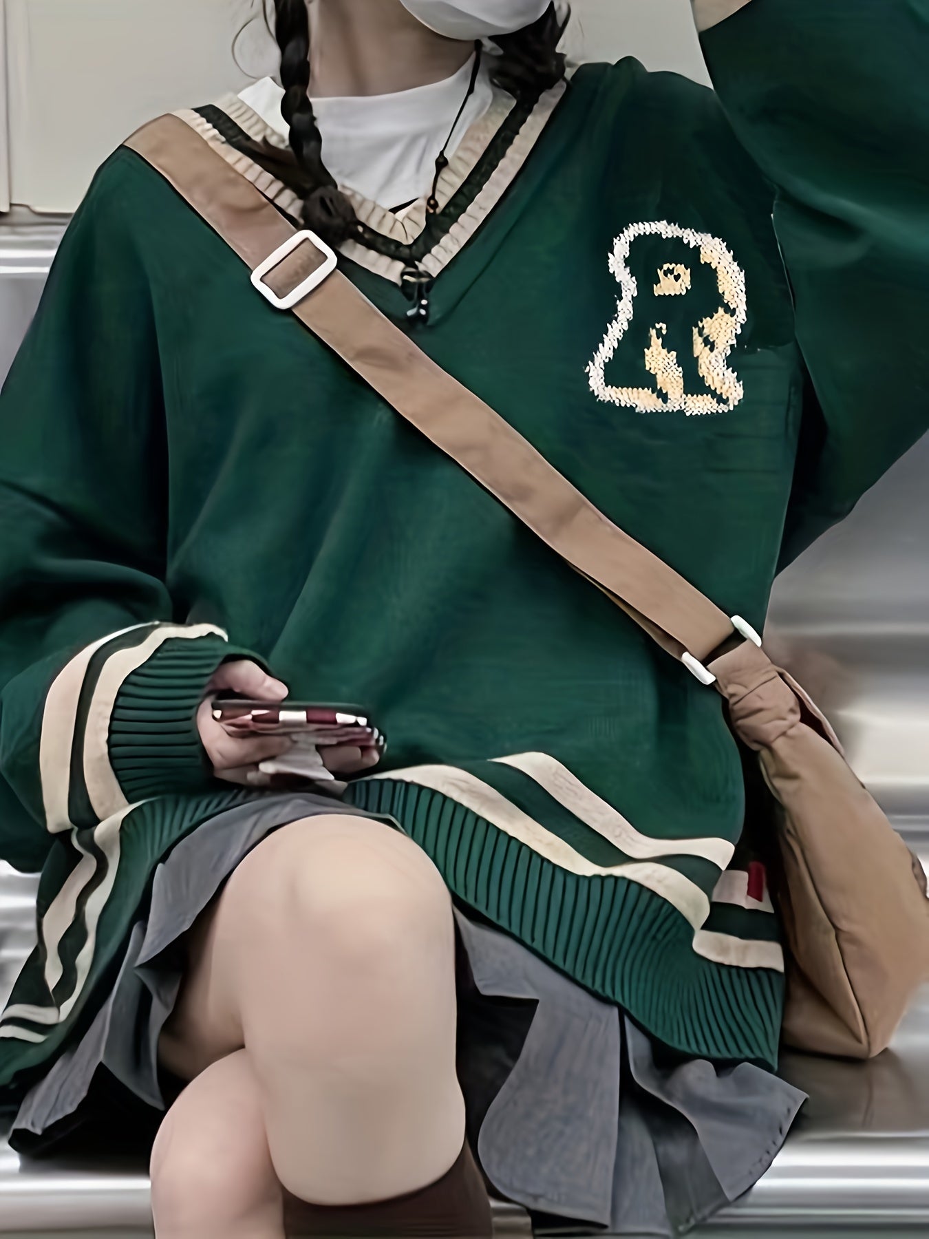 Sixsr Letter R Pattern V Neck Pullover Sweater, Preppy Long Sleeve Loose Sweater, Women's Clothing