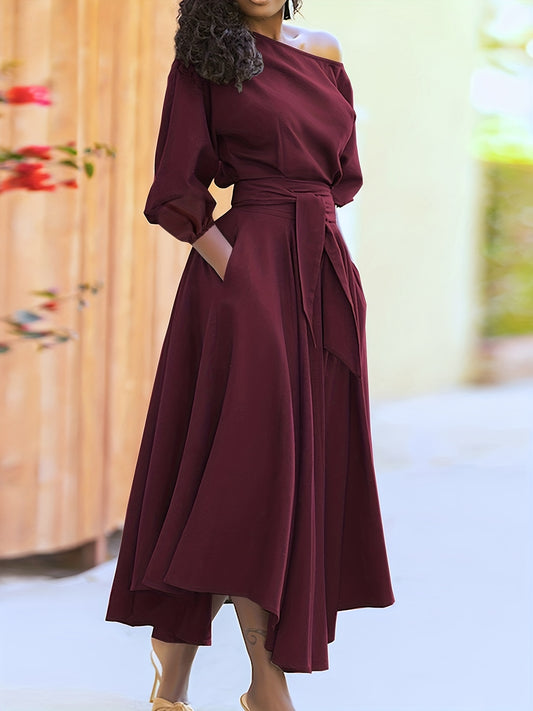 Sixsr Slant Shoulder Neck Tie Waist Dress, Elegant Dual Pockets Short Sleeve Dress, Women's Clothing