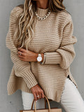 Sixsr Solid Mock Neck Chunky Knit Sweater, Casual Long Sleeve Split Pullover Sweater For Fall & Winter, Women's Clothing
