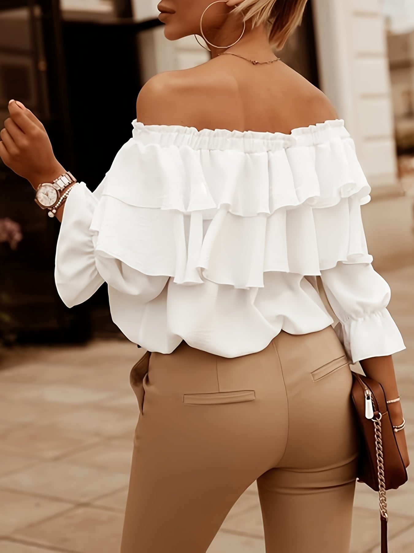 Ruffle Trim Layered Blouse, Sexy Off Shoulder Solid Blouse, Women's Clothing