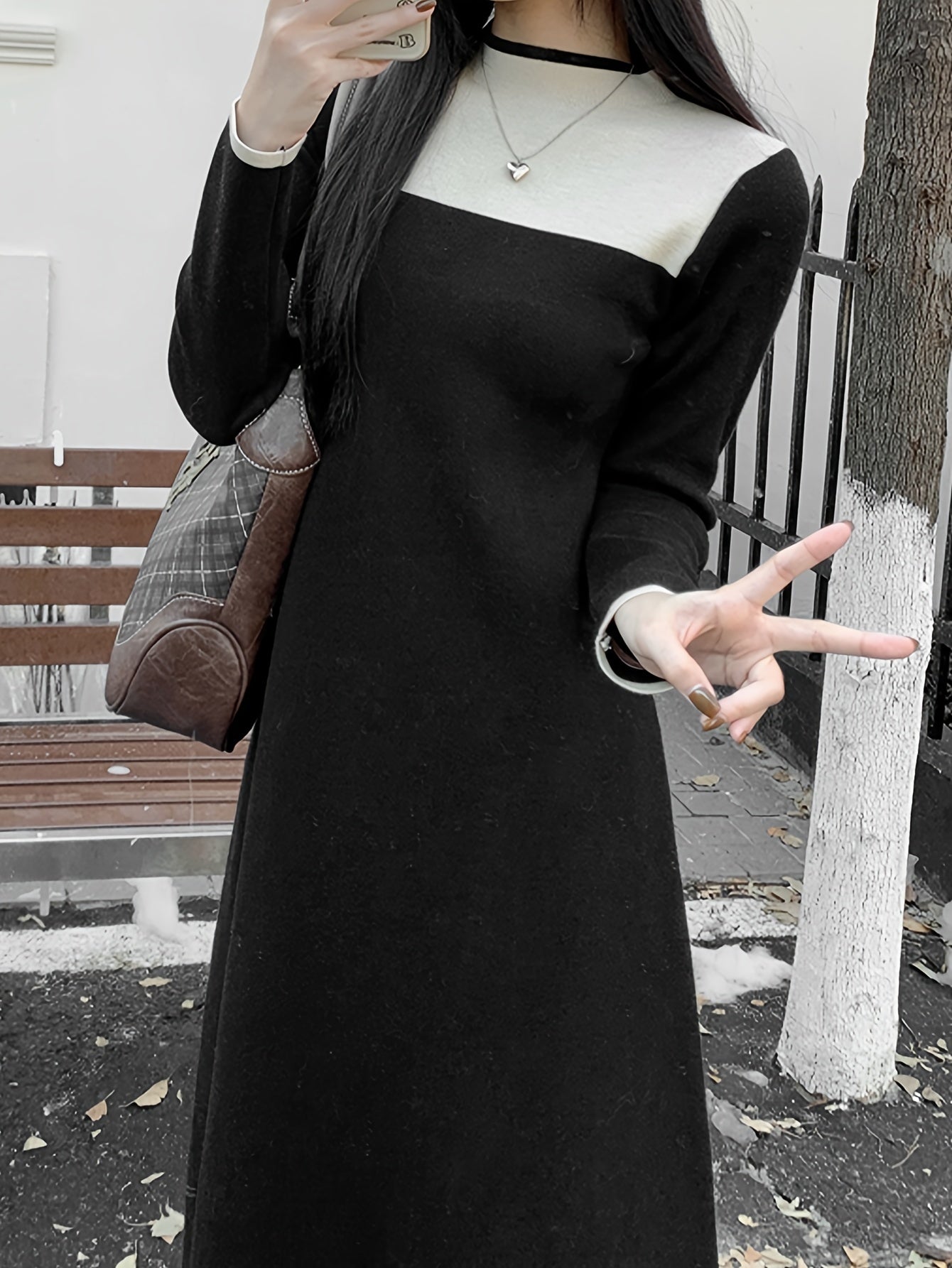 Sixsr Contrast Trim Midi Dress, Casual Long Sleeve Dress For Spring & Fall, Women's Clothing