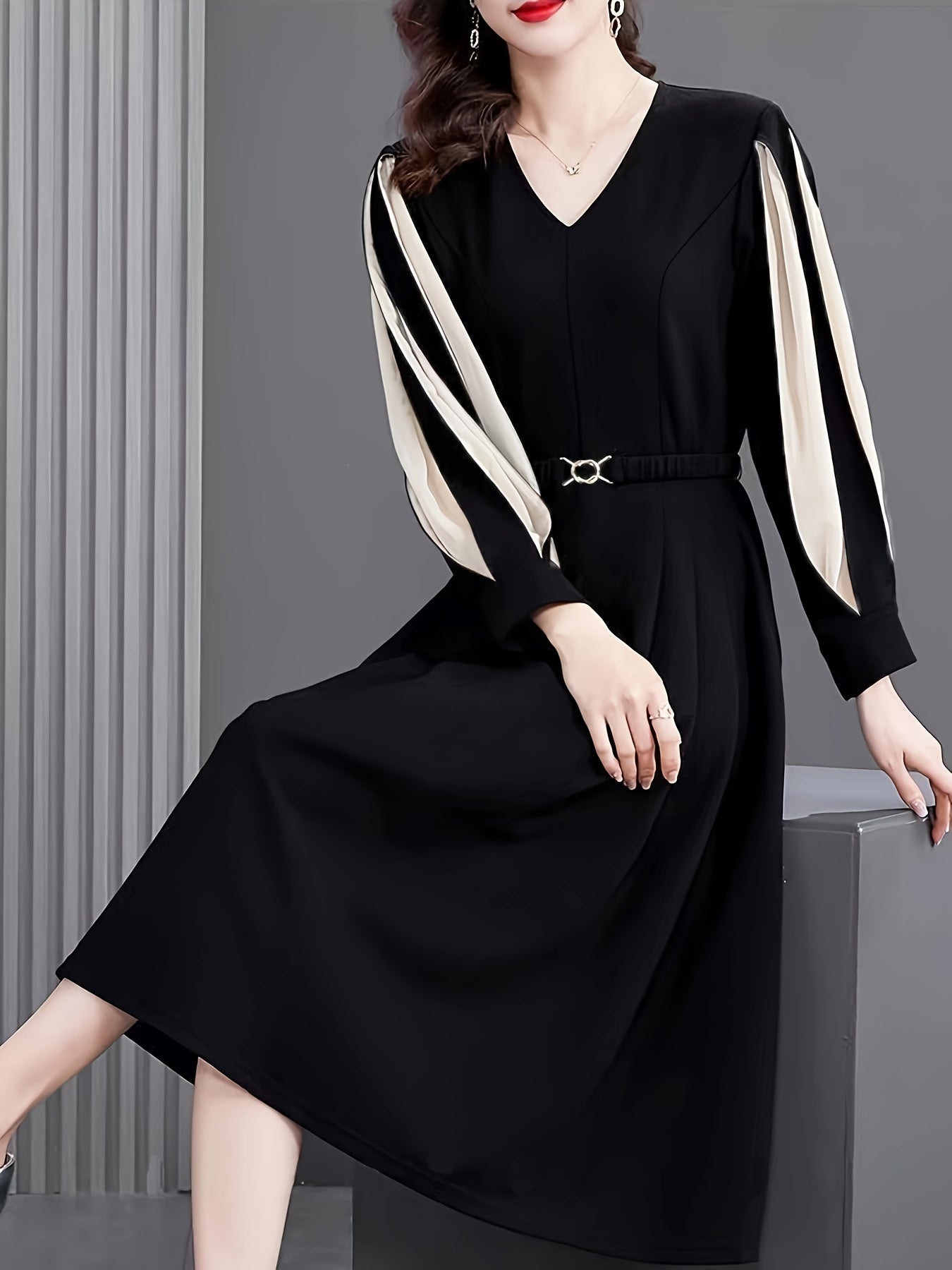 Sixsr Color Block V Neck Dress, Casual Long Sleeve Versatile Dress, Women's Clothing