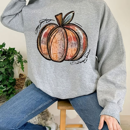 Sixsr Halloween Pumpkin Print Sweatshirt, Casual Long Sleeve Crew Neck Sweatshirt, Women's Clothing