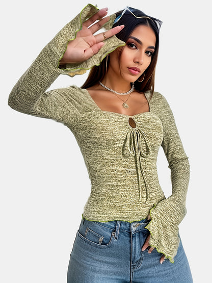 Sixsr Solid Drawstring Neck Tee, Y2K Long Sleeve Cut Out T-shirt, Women's Clothing