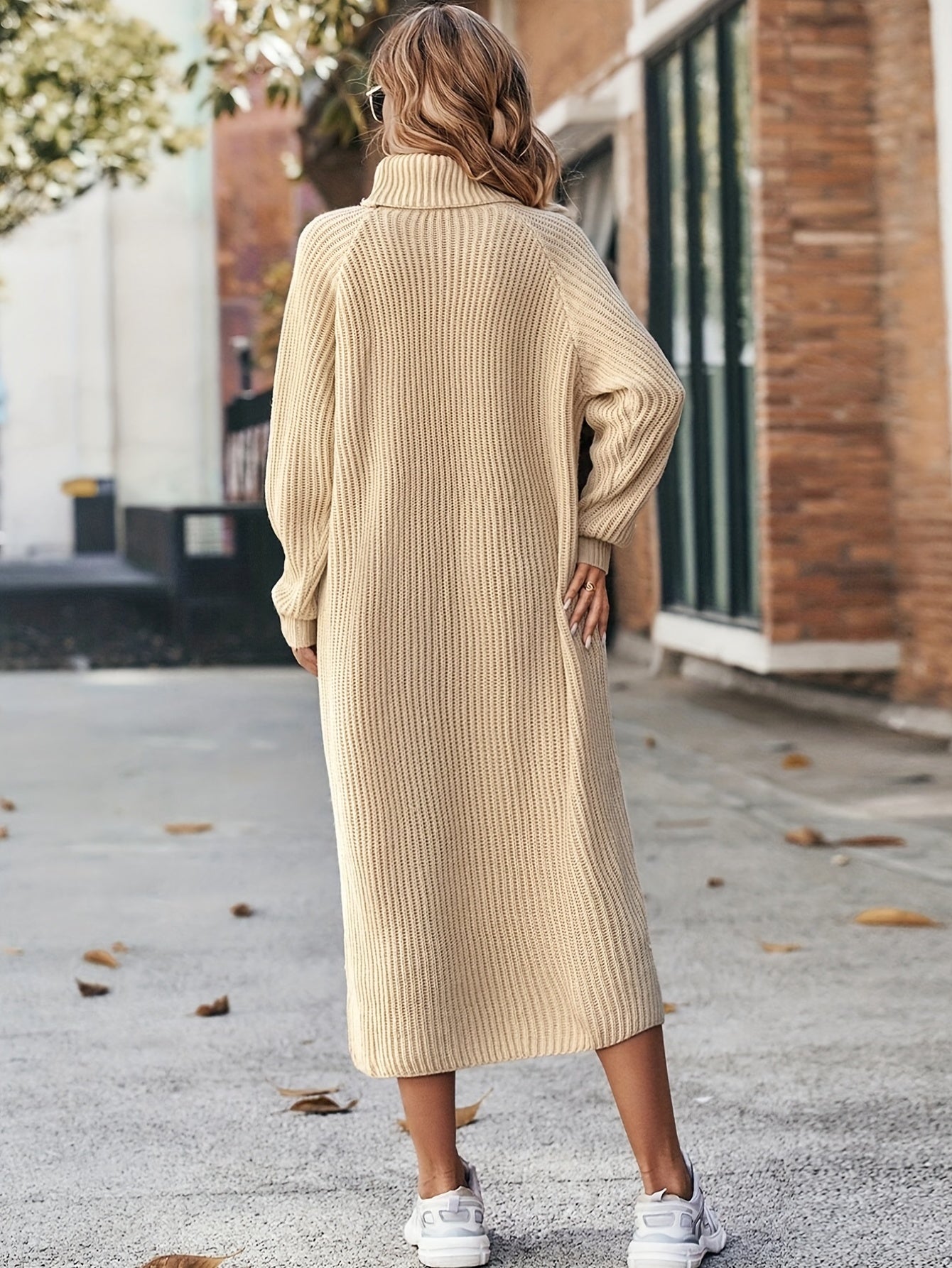 Sixsr Turtleneck Ribbed Sweater Dress, Casual Solid Long Sleeve Midi Dress, Women's Clothing