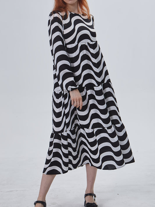 Sixsr Wavy Stripe Print Dress, Casual Crew Neck Keyhole Long Sleeve Dress, Women's Clothing