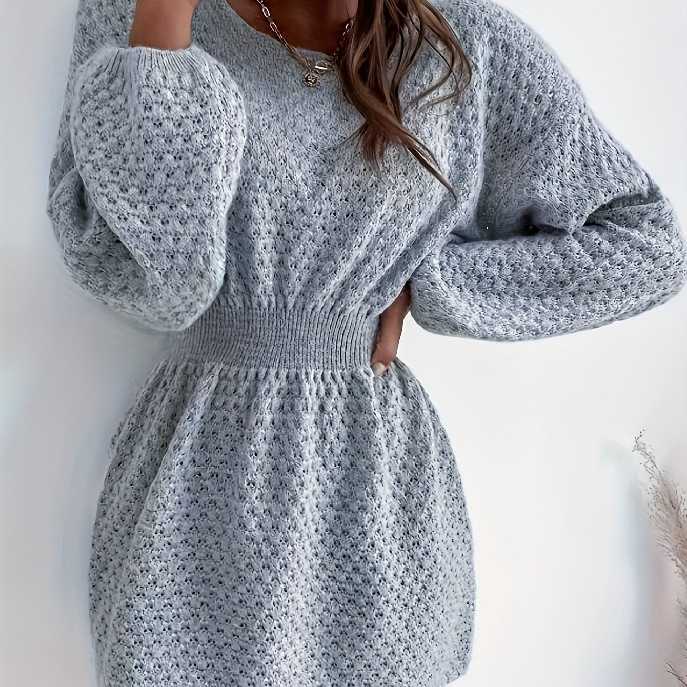 Slim Waist Sweater Dress, Elegant Solid Long Sleeve Crew Neck Dress, Women's Clothing