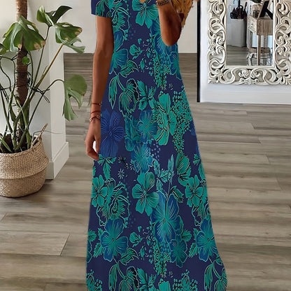 Plus Size Casual Dress, Women's Plus Floral Print Short Sleeve V Neck Medium Stretch Maxi Dress