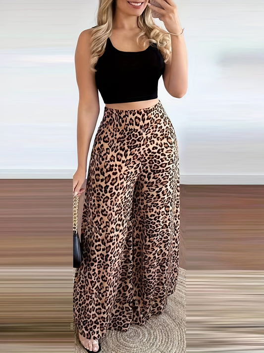 Sixsr Casual Two-piece Set, Crop Tank Top & Leopard Print Wide Leg Pants Outfits, Women's Clothing