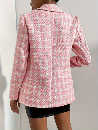 Sixsr Plaid Pattern Button Front Blazer, Elegant Long Sleeve Lapel Outwear, Women's Clothing