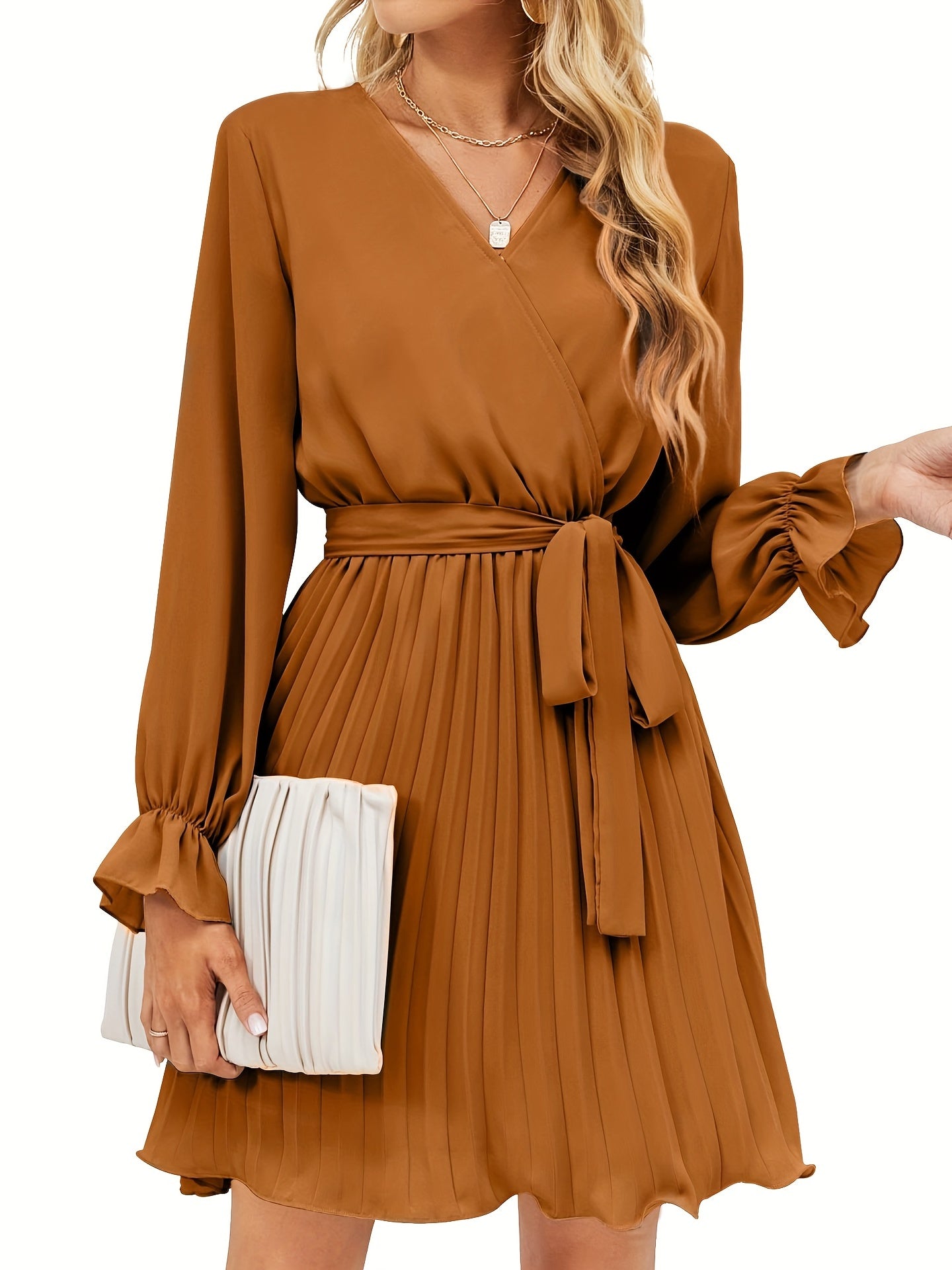 Sixsr Surplice Neck Pleated Dress, Elegant Long Sleeve Dress For Spring & Fall, Women's Clothing