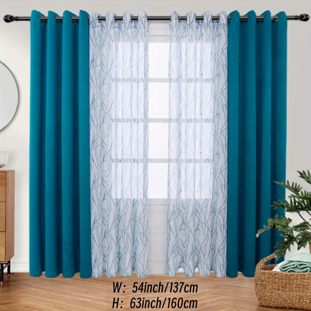 1 Panel Branch Printed Sheer Curtain + 1 Panel Blackout Curtain - Panels for Bedroom, Office, Living Room Home Decor with Grommet Top Window Drapes