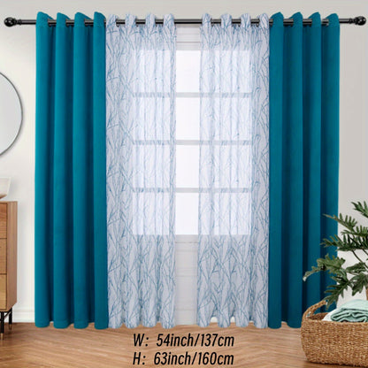 1 Panel Branch Printed Sheer Curtain + 1 Panel Blackout Curtain - Panels for Bedroom, Office, Living Room Home Decor with Grommet Top Window Drapes