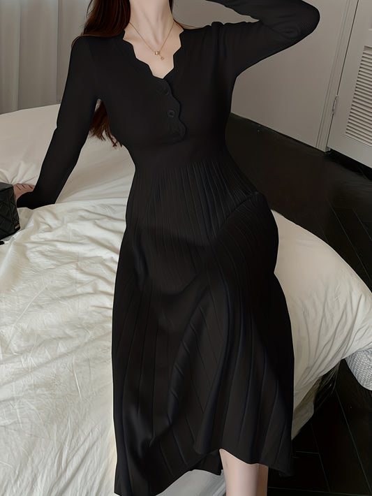 Sixsr Button Front V-neck Sweater Dress, Solid Long Sleeve Dress, Women's Clothing