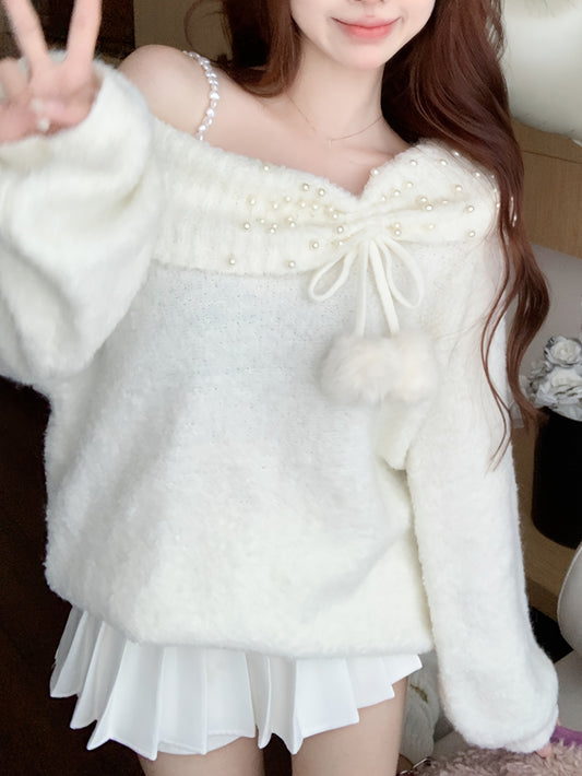 Sixsr Asymmetric Shoulder Chain Strap Sweater, Chic Long Sleeve Beaded Sweater For Fall & Winter, Women's Clothing