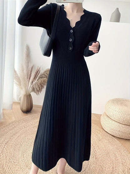 Sixsr Ribbed Solid Sweater Dress, Casual V Neck Long Sleeve Midi Dress, Women's Clothing