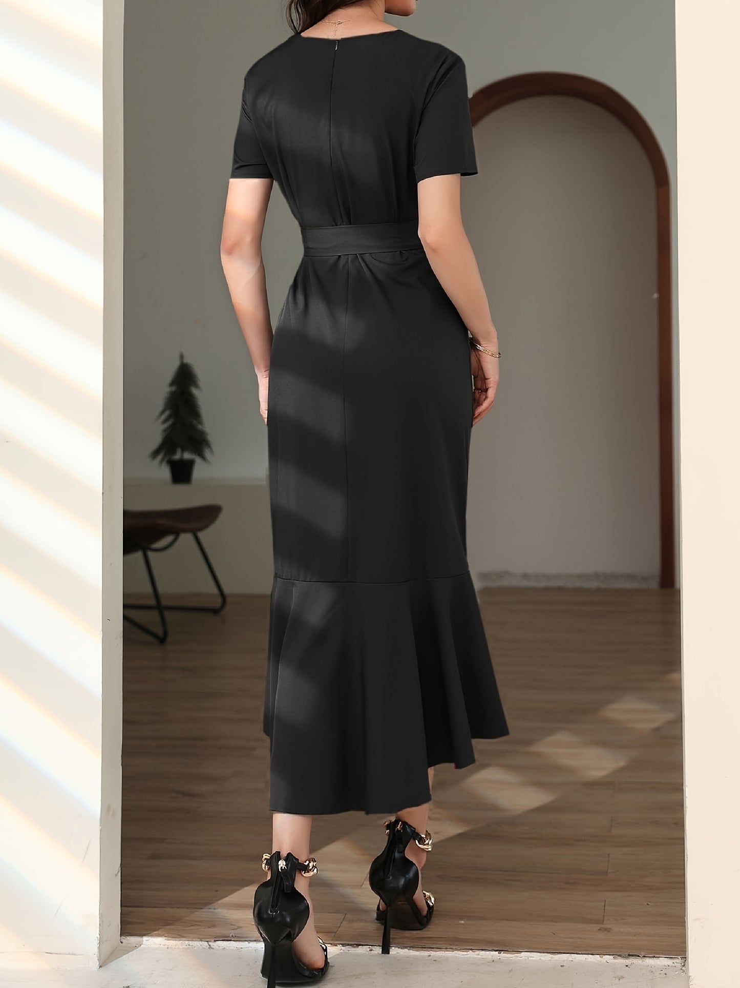 Sixsr Solid Ruffle Trim Dress, Elegant Surplice Neck Short Sleeve Maxi Dress, Women's Clothing