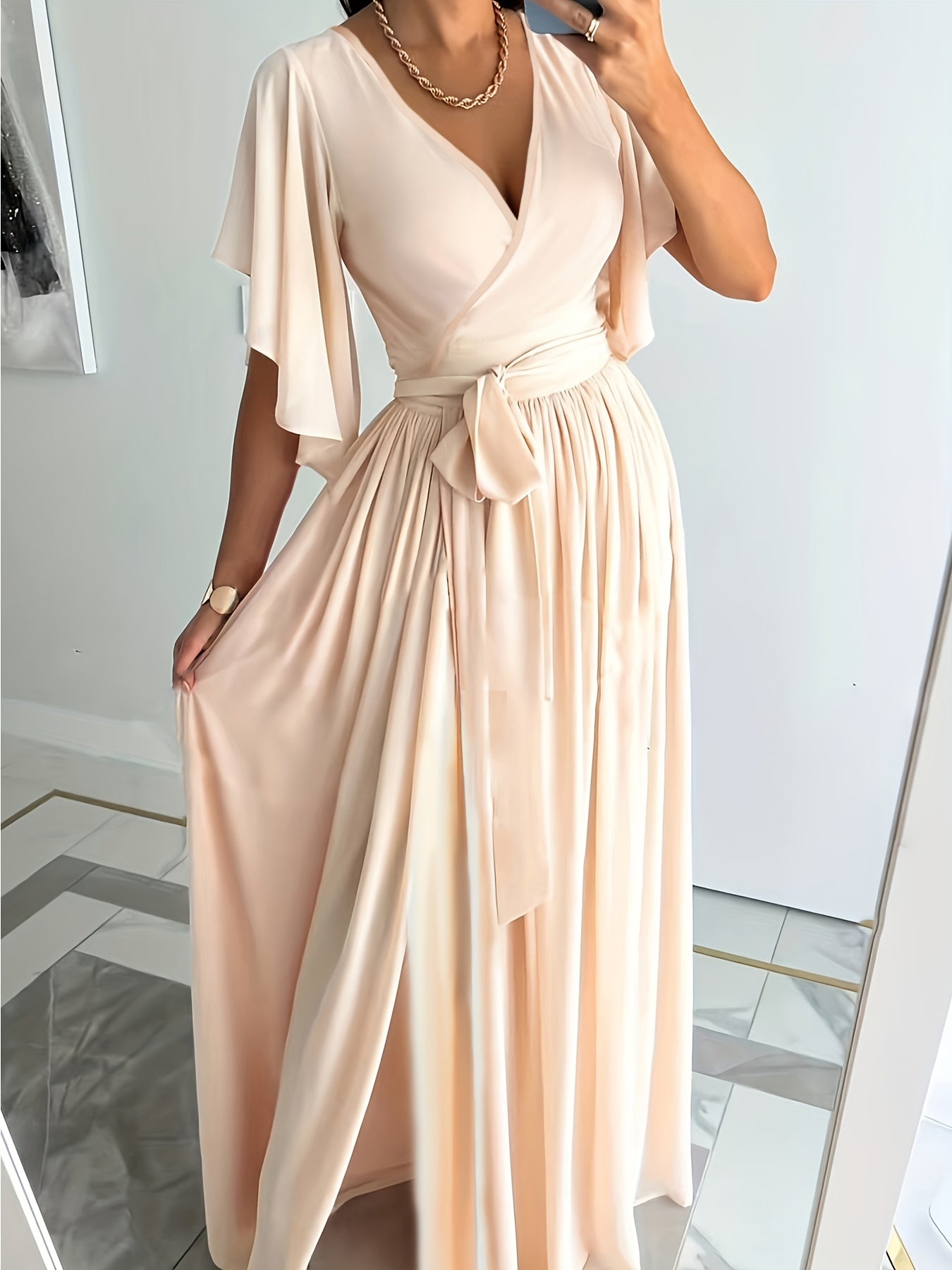 Elegant Plus Size Maxi Dress with Ruffle Sleeves and High Split Hem - Perfect for Special Occasions