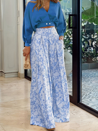 Casual Two-piece Set, Solid Surplice Neck Tops & Floral Print Wide Leg Pants Outfits, Women's Clothing