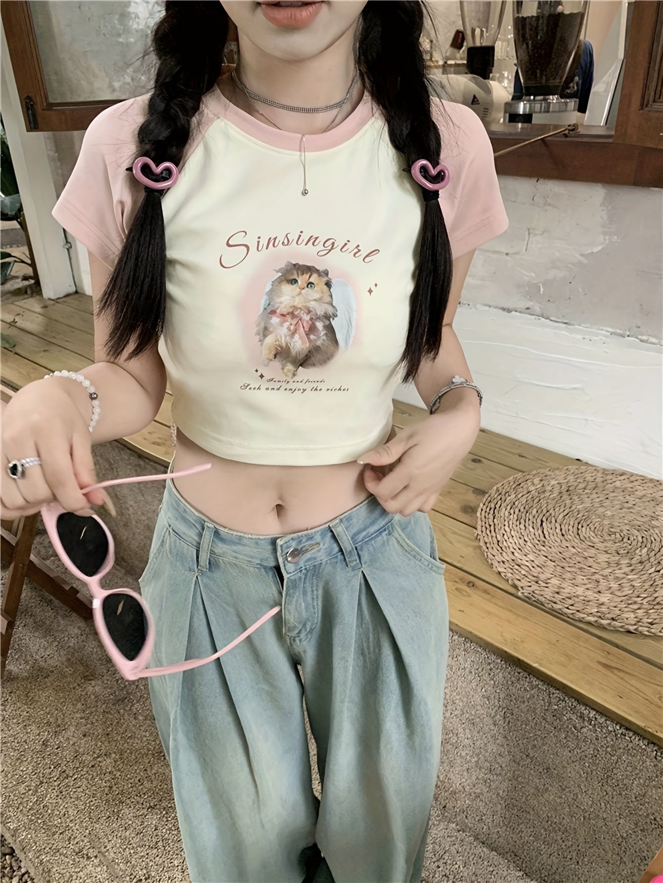 Sixsr Cat Print Crew Neck Crop T-Shirt, Y2K Short Sleeve T-Shirt For Spring & Summer, Women's Clothing