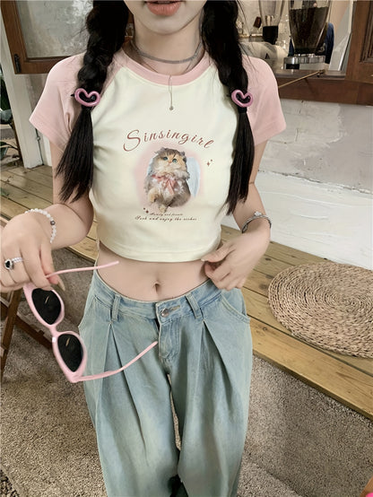 Sixsr Cat Print Crew Neck Crop T-Shirt, Y2K Short Sleeve T-Shirt For Spring & Summer, Women's Clothing