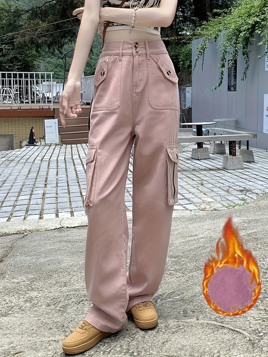 Sixsr Plain Fleece Liner Straight Jeans, High Waist Loose Fit Flap Pockets Y2K Cargo Pants, Women's Denim Jeans & Clothing