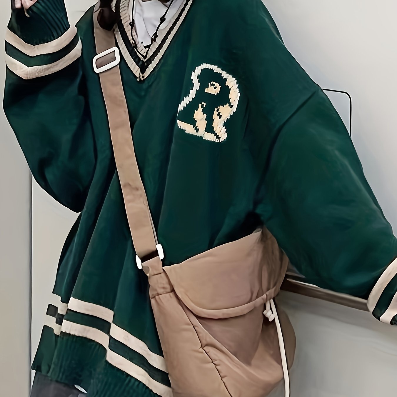 Sixsr Letter R Pattern V Neck Pullover Sweater, Preppy Long Sleeve Loose Sweater, Women's Clothing