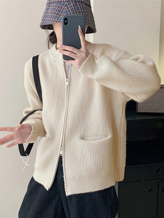 Sixsr Solid Zip Up Knit Cardigan, Casual Long Sleeve Pocket Thick Sweater, Women's Clothing