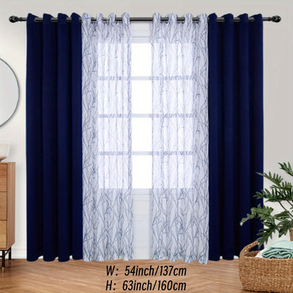 1 Panel Branch Printed Sheer Curtain + 1 Panel Blackout Curtain - Panels for Bedroom, Office, Living Room Home Decor with Grommet Top Window Drapes