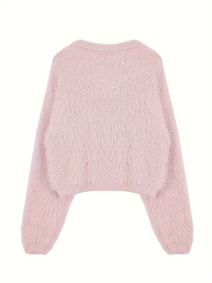 Sixsr Solid Color Faux Fur Crew Neck Sweater, Chic Long Sleeve Sweater For Fall & Winter, Women's Clothing