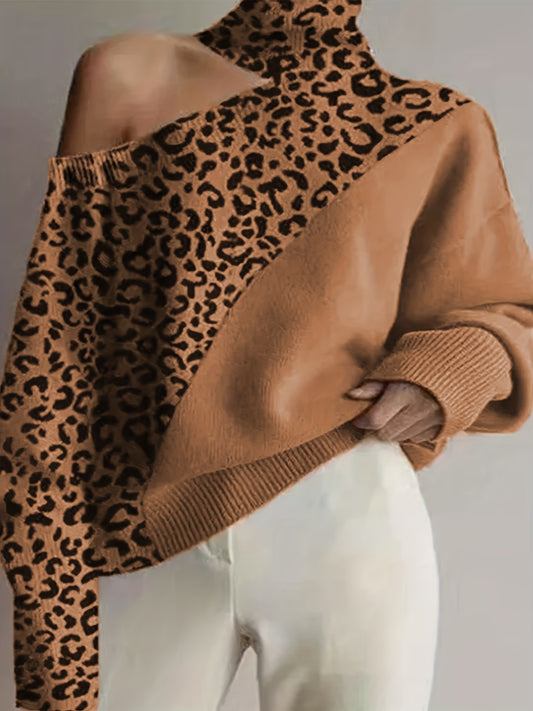 Sixsr Plus Size Casual Sweater, Women's Plus Leopard One Shoulder Long Sleeve Mock Neck Pullover Jumper