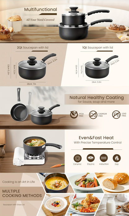 1set Nonstick Sauce Pan Set with Lid, 1 QT + 2.0 QT Sauce pot Cooking Pots Set, Stay-cool Handle, Induction Compatible, PFOA Free Black and Golden