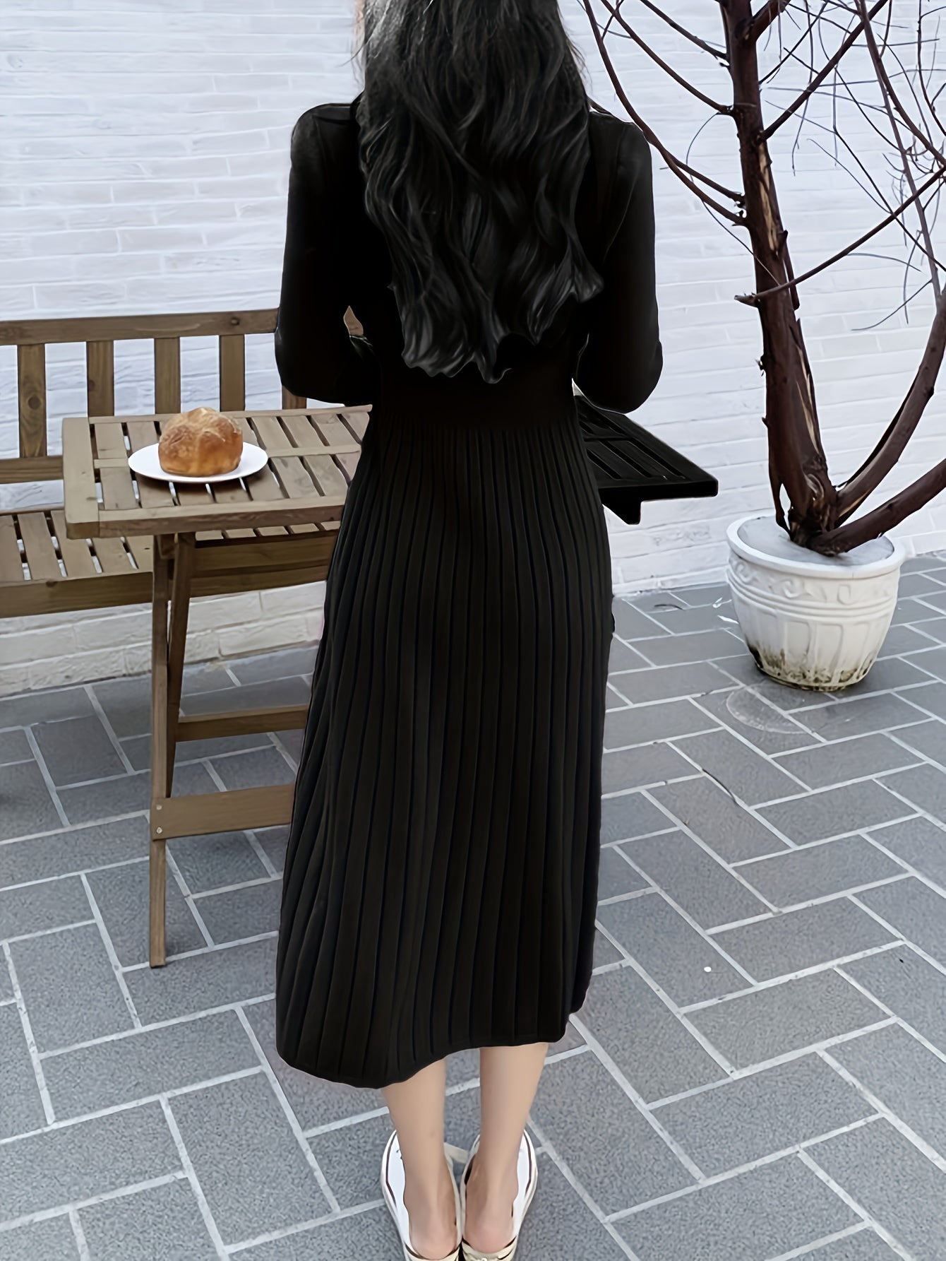 Sixsr Button Front V-neck Sweater Dress, Solid Long Sleeve Dress, Women's Clothing