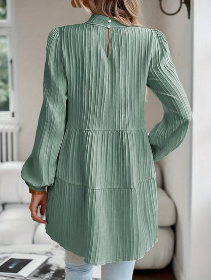 Sixsr Textured Keyhole Blouse, Elegant Mock Neck Long Sleeve Blouse, Women's Clothing